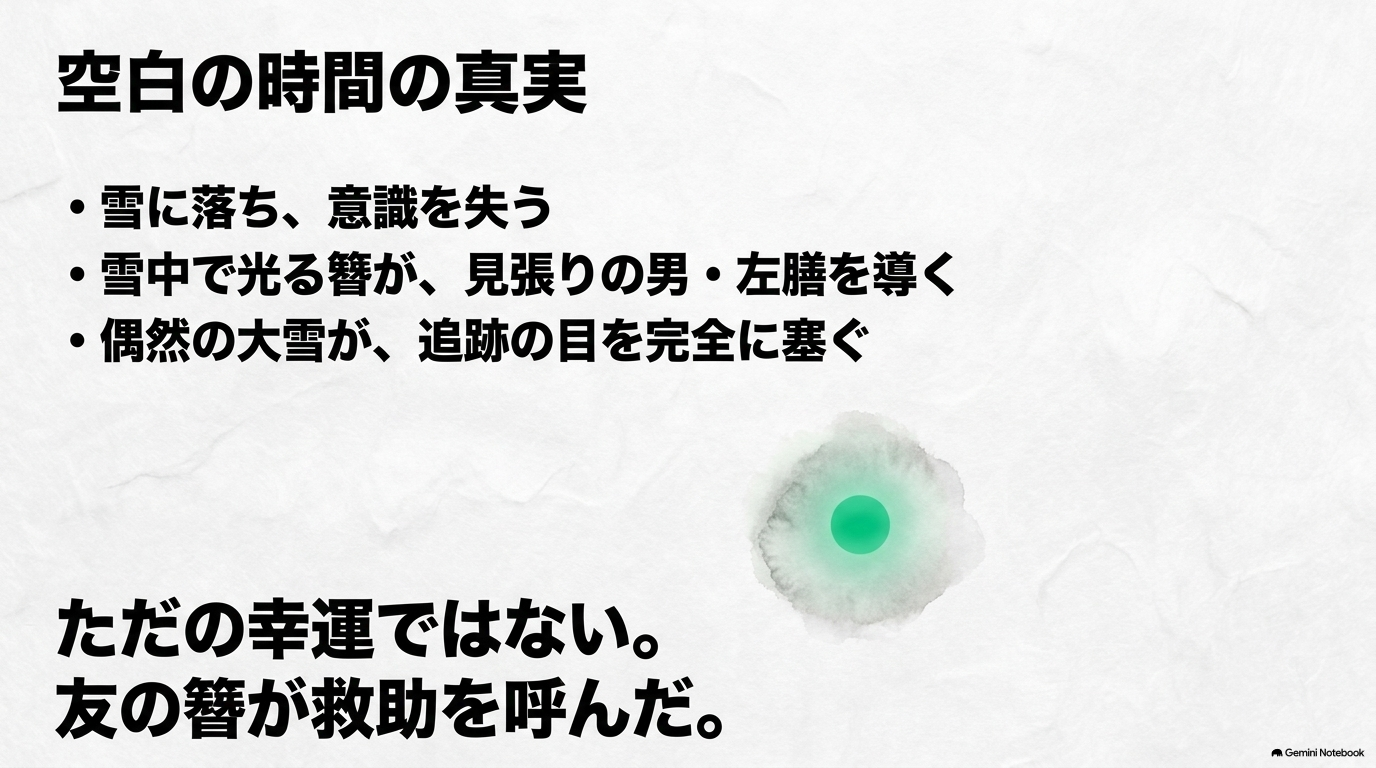 雪山へ落下した楼蘭が簪の光をきっかけに左膳に発見され生き延びるまでの流れ