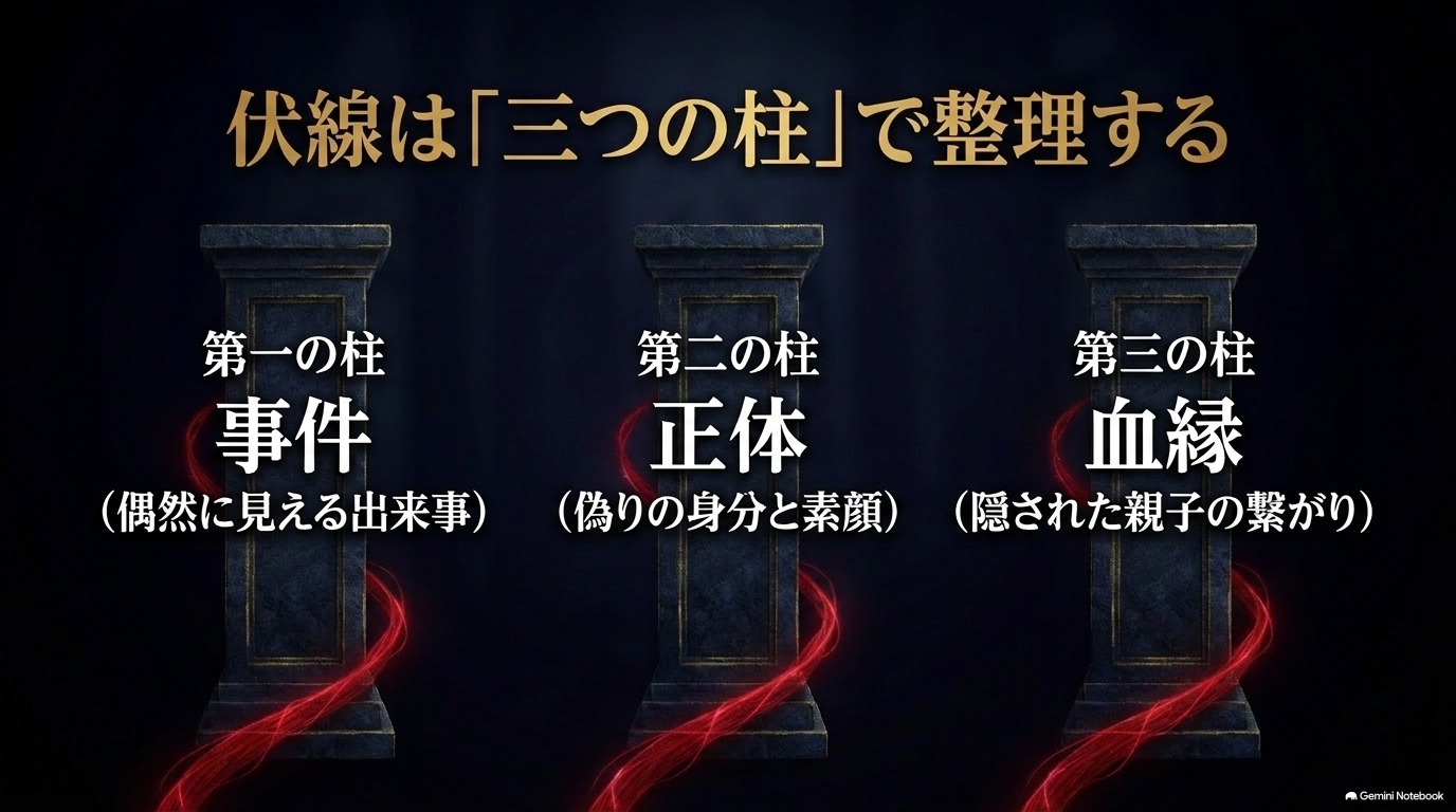 薬屋のひとりごとの伏線を事件・人物の正体・血縁の3つに整理した図