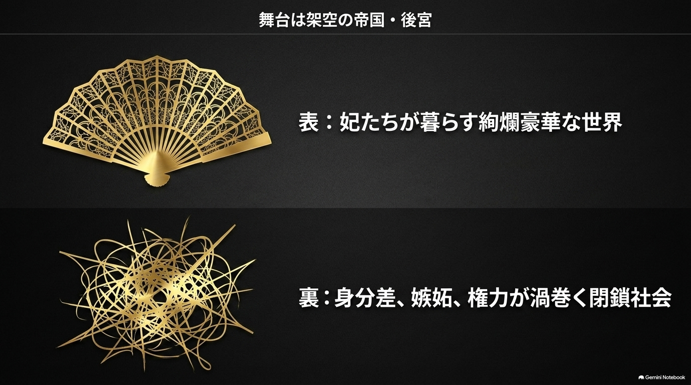 後宮の表側の絢爛豪華さと、裏側の身分差・嫉妬・権力関係を対比した図