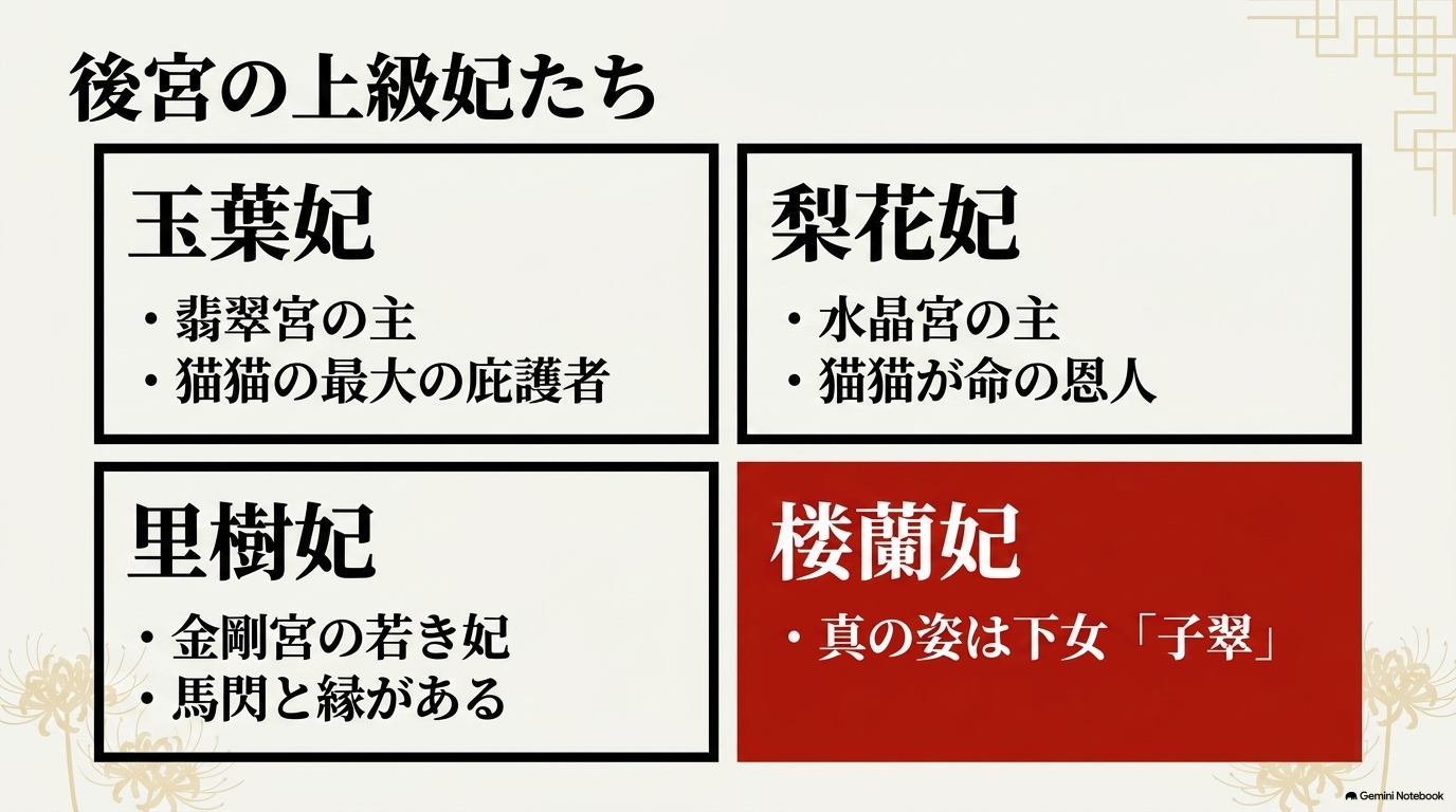 玉葉妃・梨花妃・里樹妃・楼蘭妃の立場と猫猫との関係を整理した図