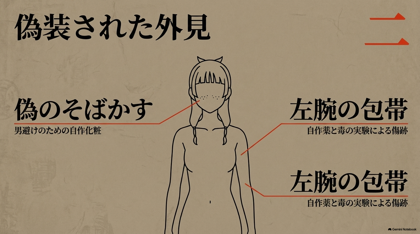 猫猫のそばかすは男避けのための化粧で、左腕の包帯は薬や毒の実験による傷跡を覆っていることを示す図解