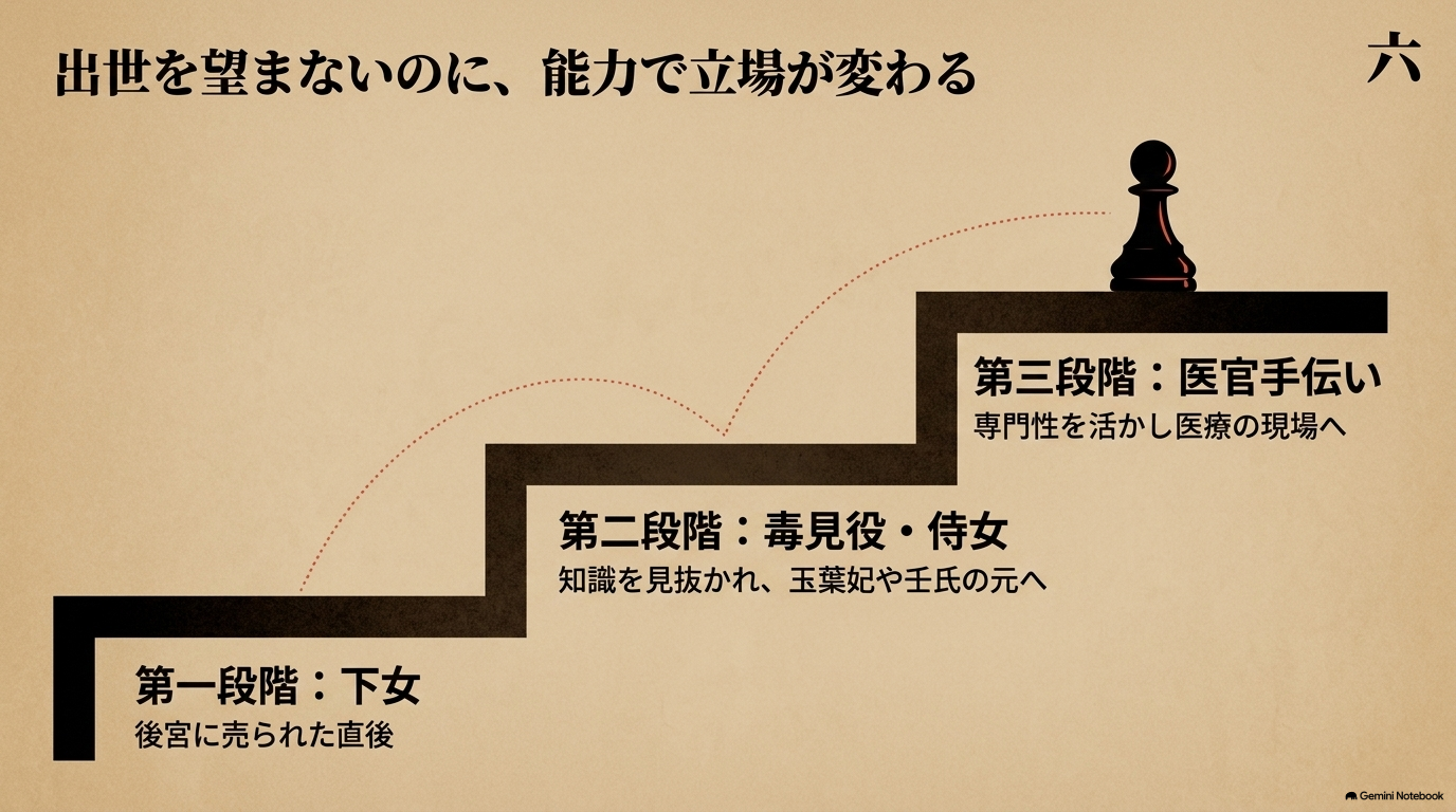 猫猫が後宮の下女から玉葉妃付きの毒見役・侍女を経て医官手伝いへ立場を変えていく流れ