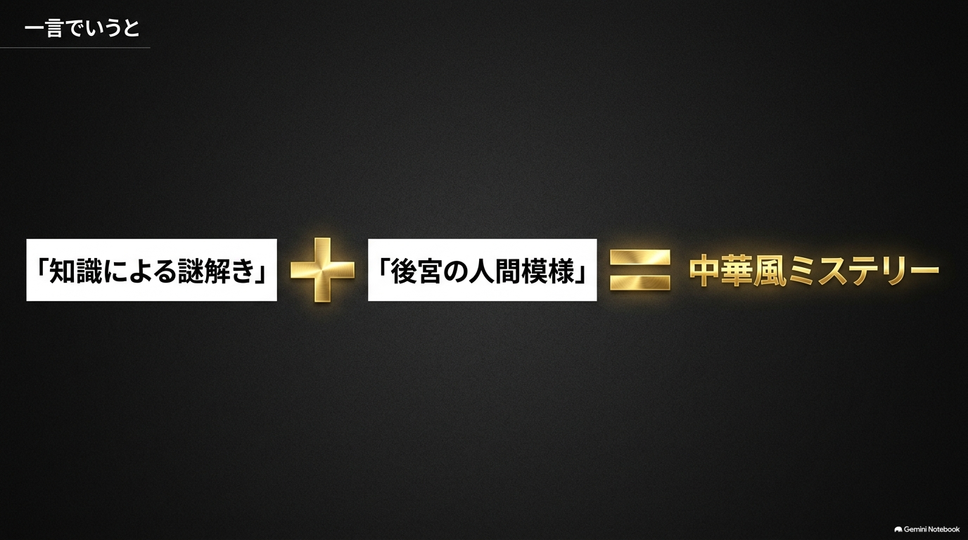 「知識による謎解き」と「後宮の人間模様」が中華風ミステリーを形作ることを示す図