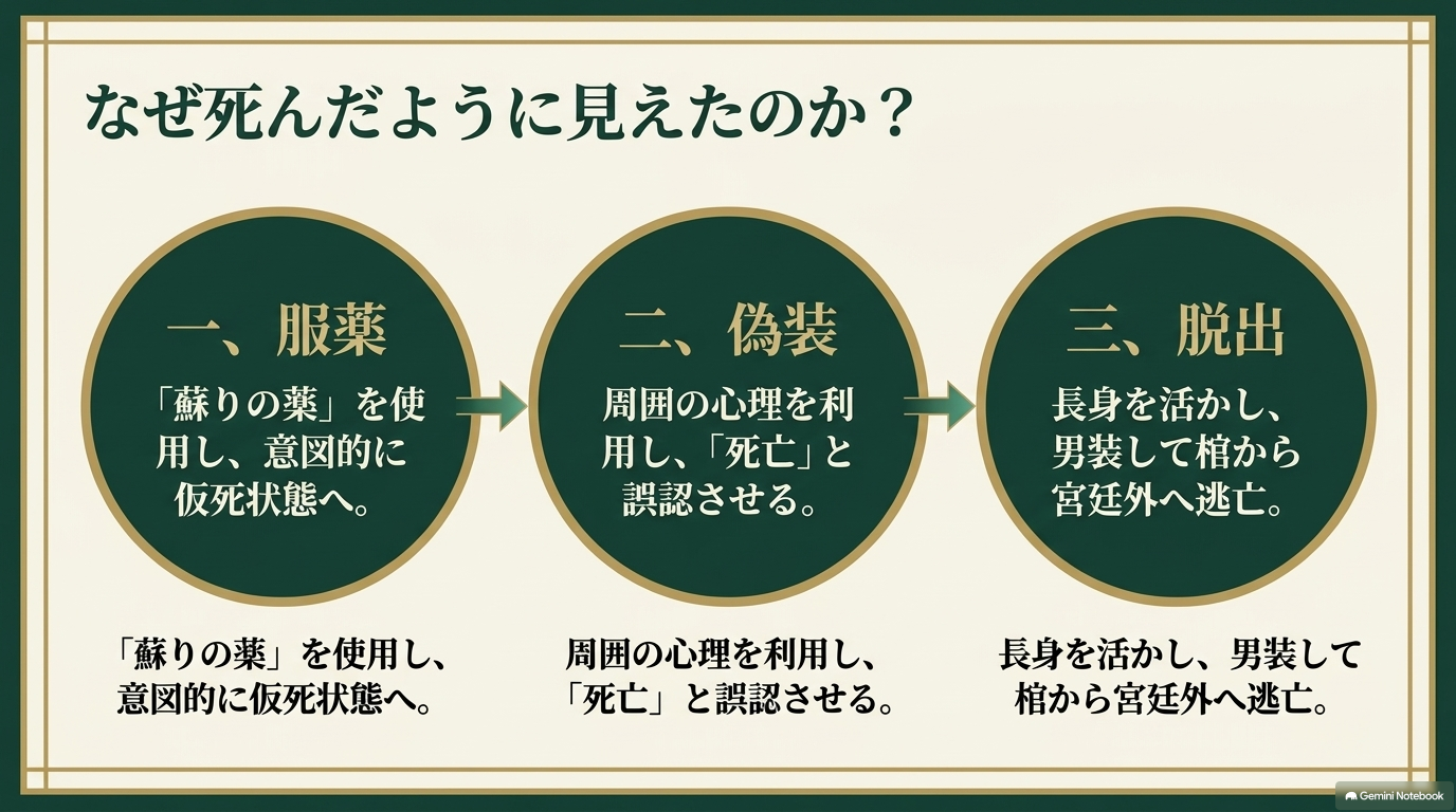 翠苓が蘇りの薬で仮死状態となり死亡を偽装し、男装して宮廷から脱出した流れ