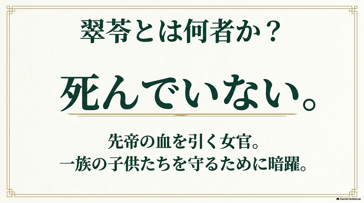 翠苓は死亡しておらず、先帝の血を引き子の一族の子どもたちを守るために暗躍した女官