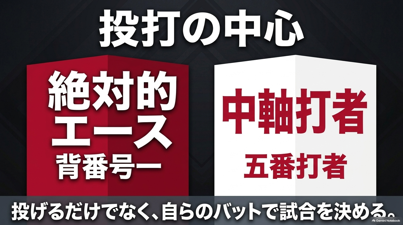成宮鳴が稲城実業で絶対的エースと5番打者を兼ね投打の中心として活躍することを示す図