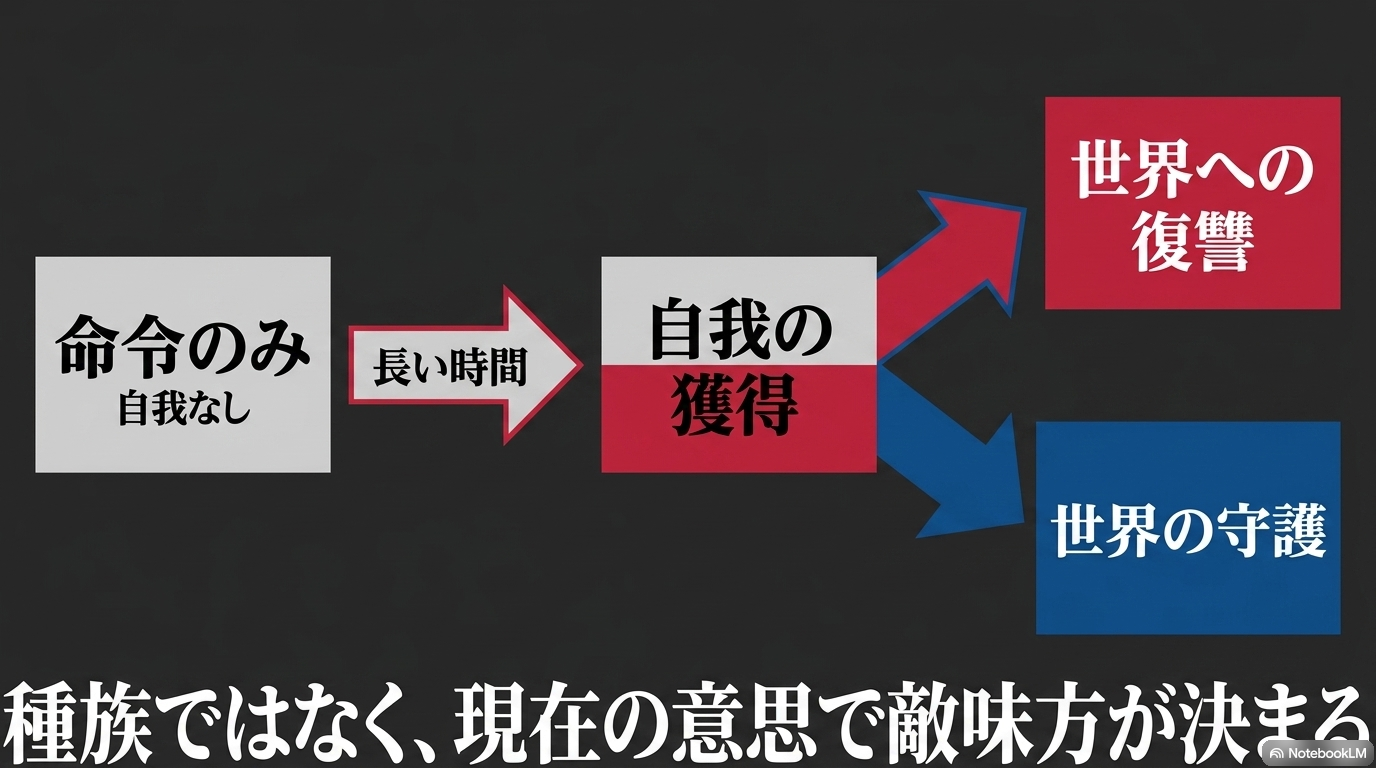 命令だけで動いていた天使が長い時間を経て自我を獲得し、世界への復讐か守護を選ぶ流れ