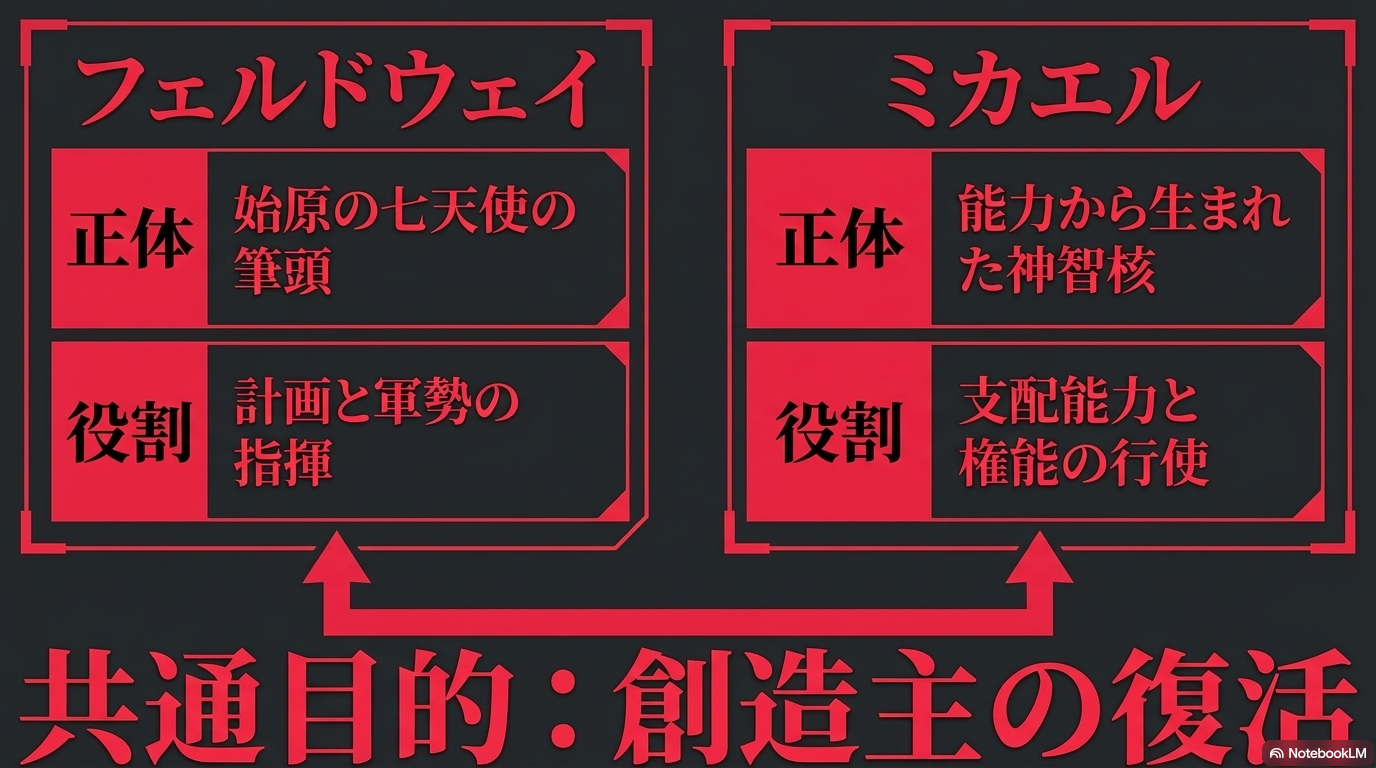 始原の七天使の筆頭フェルドウェイと、正義之王から生まれた神智核ミカエルの正体と役割を比較した図