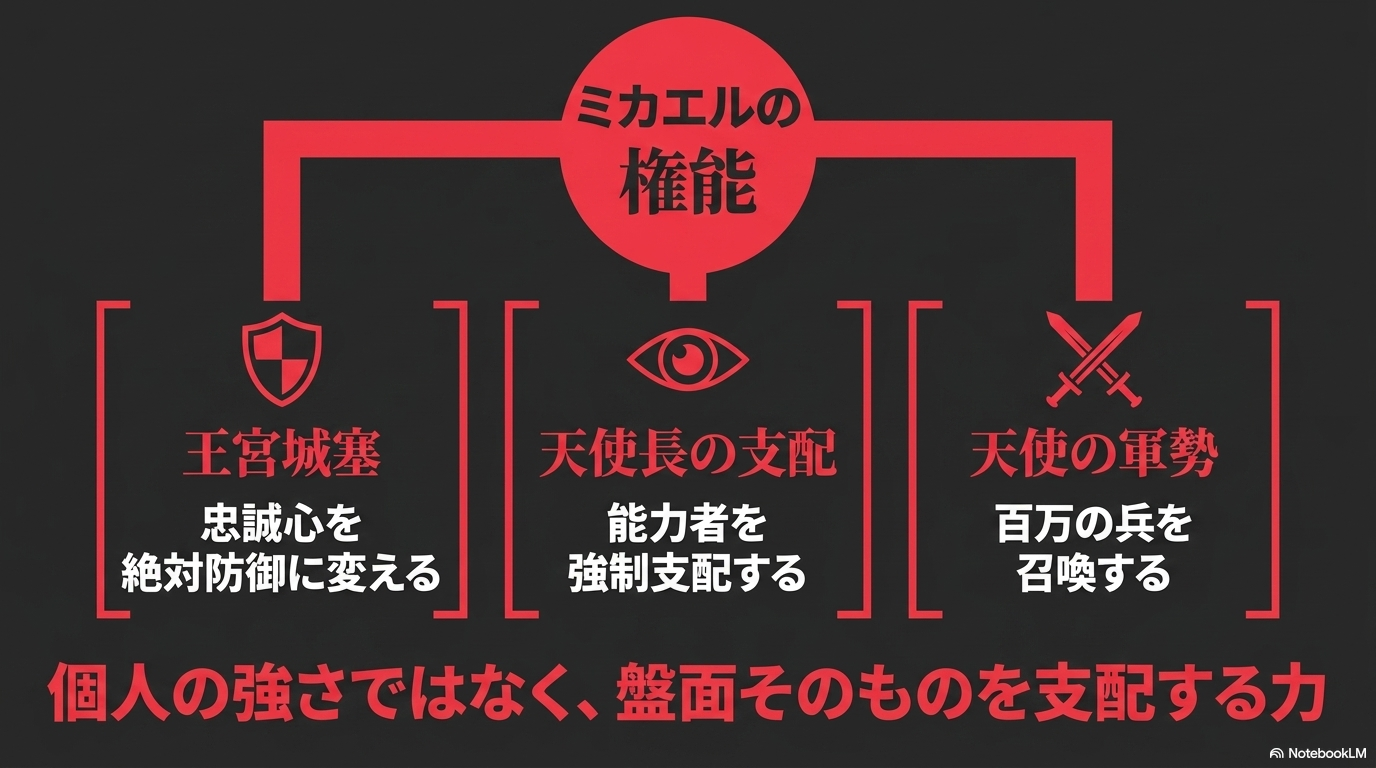 ミカエルの王宮城塞・天使長の支配・天使の軍勢の効果を三項目で整理した図