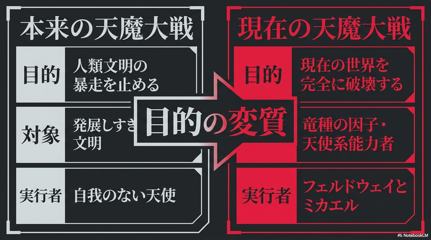 本来の天魔大戦とフェルドウェイ・ミカエルが起こす現在の天魔大戦を目的・対象・実行者で比較した図