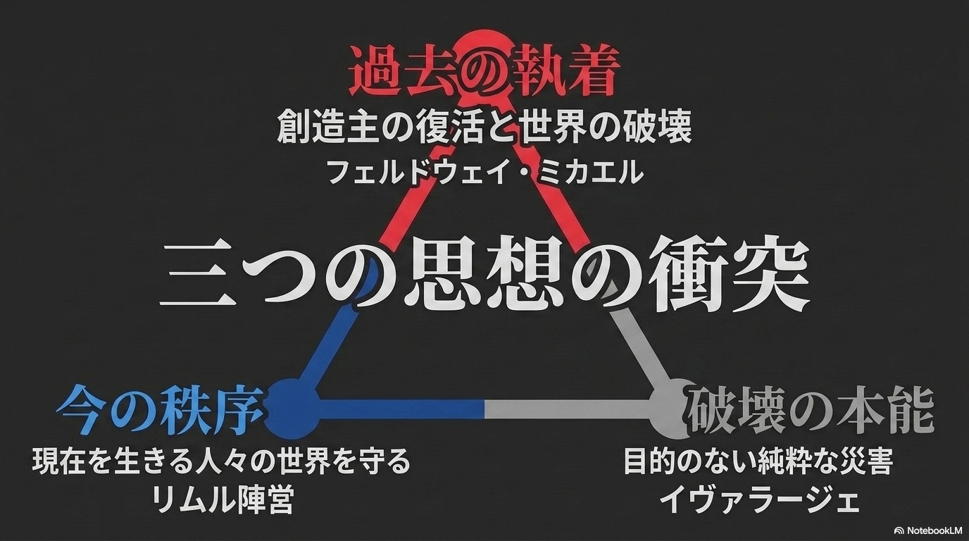 フェルドウェイとミカエルの過去への執着、リムル陣営の今の秩序、イヴァラージェの破壊本能が衝突する構図