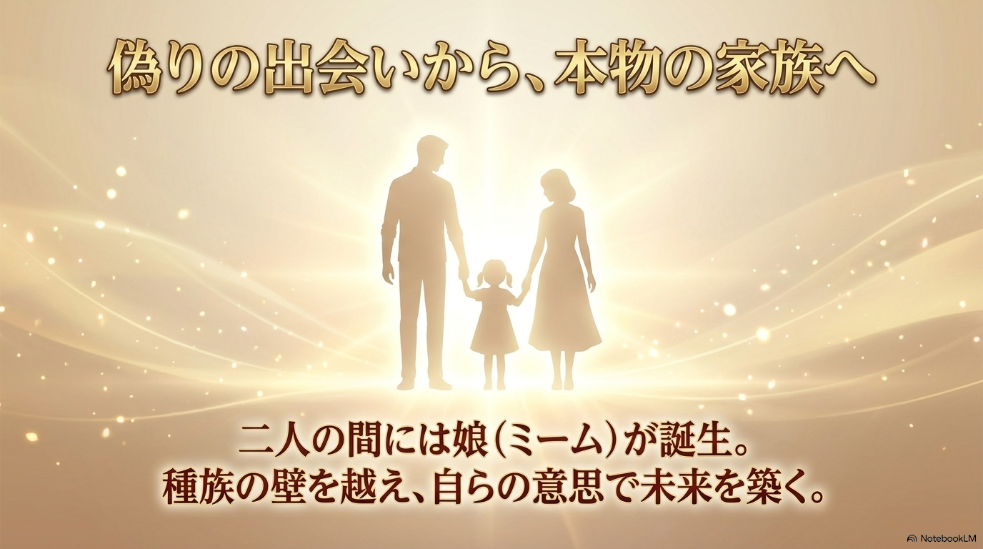 ヨウムとミュウランの間に娘ミームが誕生し、人間と魔人の種族を超えて家族を築いたことを示す画像