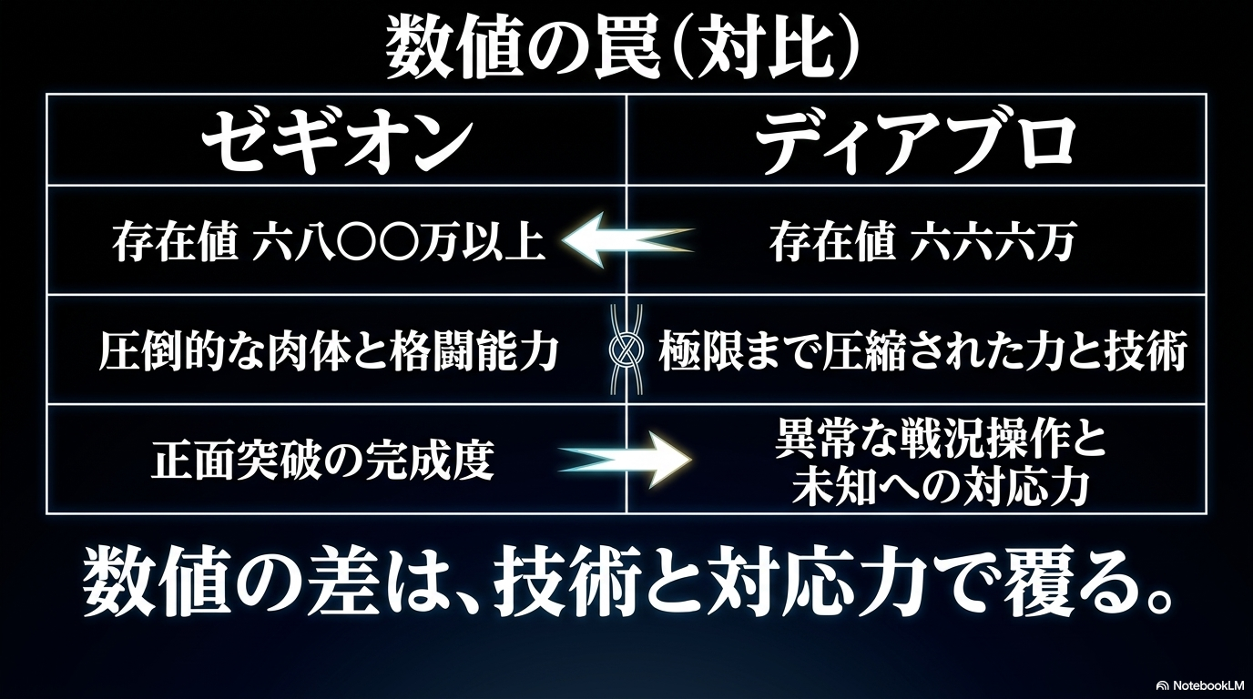 存在値と肉体ではゼギオン、戦闘技術と未知への対応力ではディアブロが優れることを比較した図
